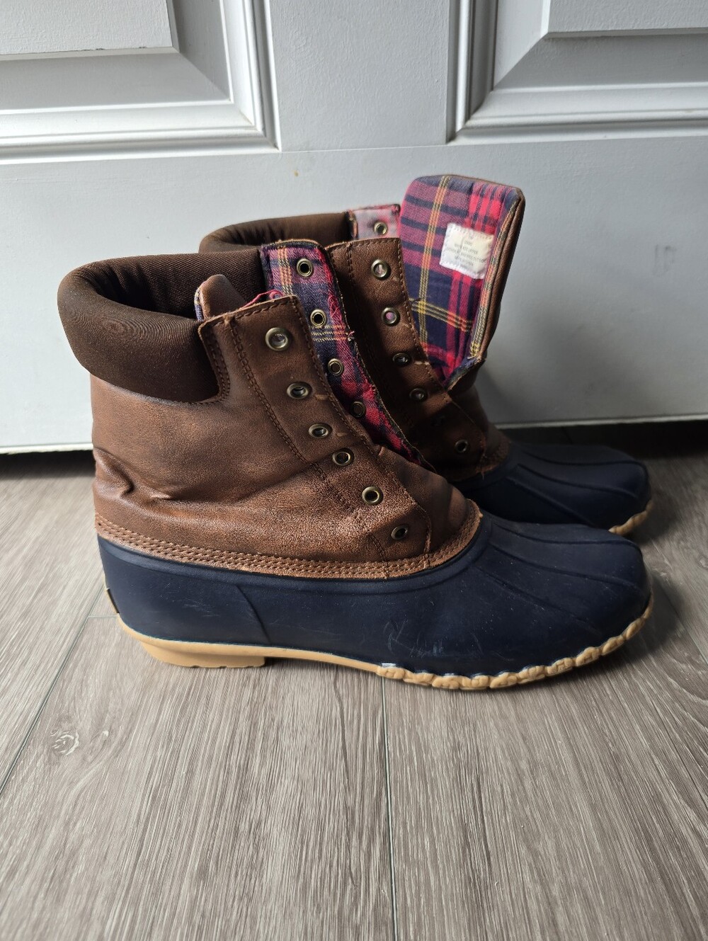 Weatherproof Vintage Duck Boots Mens 11 M Brown Leather Navy Plaid Lined Winter